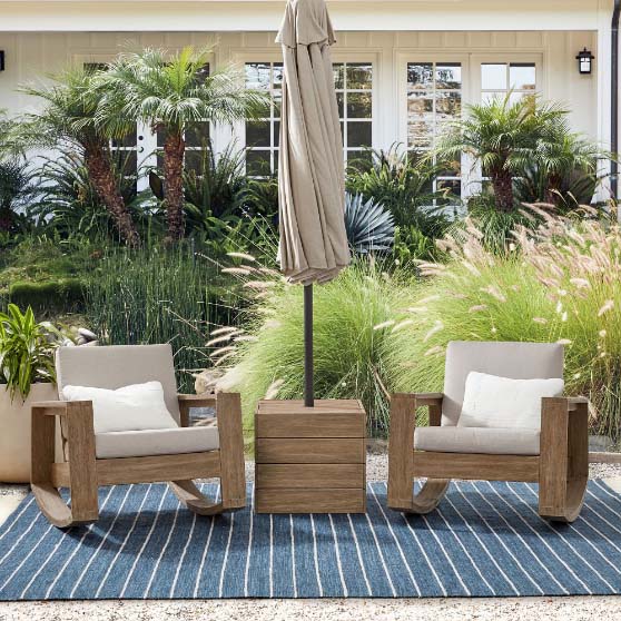 West Elm Portside Outdoor Rocking Chairs & Umbrella Side Table (21) Set Driftwood best outdoor modern rocking chairs