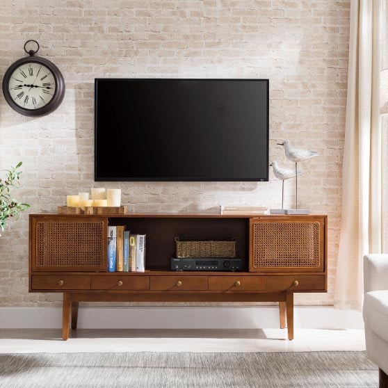 World Market Wood And Rattan Cane Mid Century Pelmam Media Stand Dark Tobacco Finish best cane media consoles