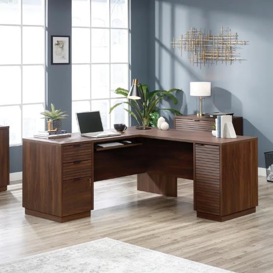 Foundstone Englewood L-Shape Executive Desk Spiced Mahogany best modern executive desks
