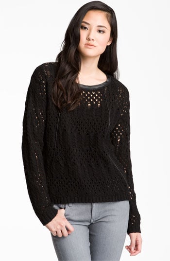 Trouve Faux Leather Trim Open Knit Sweater Black. Nordstrom Trouve Faux Leather Trim Open Knit Sweater Black. Nordstrom