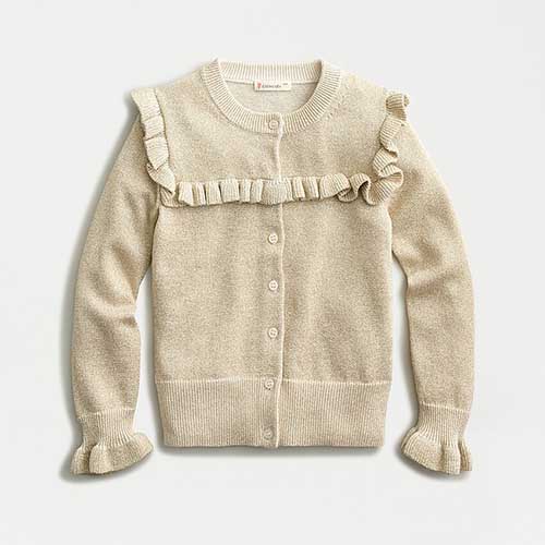 J.Crew Girls' sparkly ruffle-trimmed cardigan sweater Item AB666 Natural Gold sale