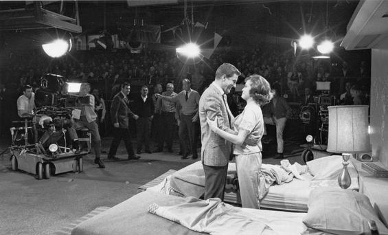 Dick Van Dyke and Mary Tyler Moore embrace on-set of “The Dick Van Dyke Show.” Credit: Courtesy of PBS "Pioneers of Television" Producer: Boettcher Trinklein Productions