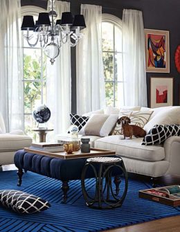 Beautiful Serena & Lily neutral upholstered sofa, dachshund dog in a beautiful living room.