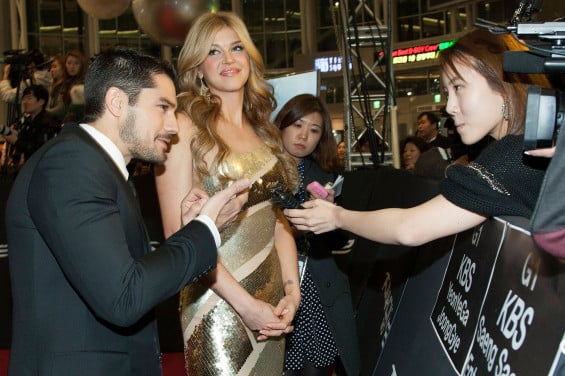SEOUL, SOUTH KOREA - MARCH 11: (L-R) Actors D.J Cotrona and Adrianne Palicki talk to media during the 'G.I. Joe - Retaliation' Seoul World Premiere at Times Square on March 11, 2013 in Seoul, South Korea. (Photo by Han Myung-Gu/Getty Images for Paramount Pictures)