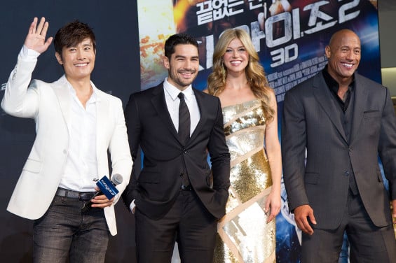  SEOUL, SOUTH KOREA - MARCH 11: (L-R) Actors Lee Byung-Hun, D.J Cotrona, Adrianne Palicki and Dwayne Johnson pose for meida during the 'G.I. Joe - Retaliation' Seoul World Premiere at Times Square on March 11, 2013 in Seoul, South Korea. (Photo by Han Myung-Gu/Getty Images for Paramount Pictures) 