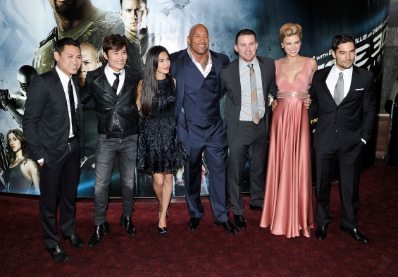 8: (L-R) Jon M Chu, Byung Hun-Lee, Elodie Yung, Dwayne Johnson, Channing Tatum, Adrianne Palicki and D.J. Cotrona attend the UK premiere of 'G.I. Joe: Retaliation' at The Empire Leicester Square on March 18, 2013 in London, England. (Photo by Gareth Cattermole/Getty Images)