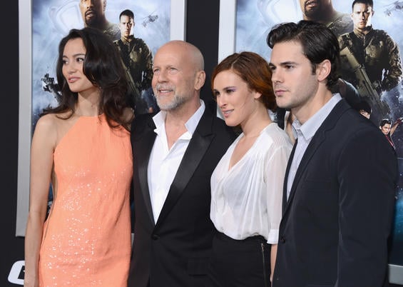 HOLLYWOOD, CA - MARCH 28: (L-R) Emma Heming, actor Bruce Willis, Rumer Willis and Jayson Blair arrive at the Premiere of Paramount Pictures' "G.I. Joe: Retaliation" at TCL Chinese Theatre on March 28, 2013 in Hollywood, California. (Photo by Jason Kempin/Getty Images)
