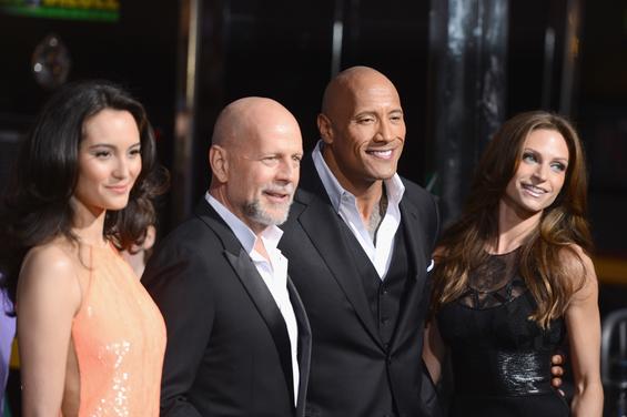  HOLLYWOOD, CA - MARCH 28: (L-R) Emma Heming, actor Bruce Willis, Dwayne "The Rock" Johnson and Lauren Hashian arrive at the Premiere of Paramount Pictures' "G.I. Joe: Retaliation" at TCL Chinese Theatre on March 28, 2013 in Hollywood, California. (Photo by Jason Kempin/Getty Images) 