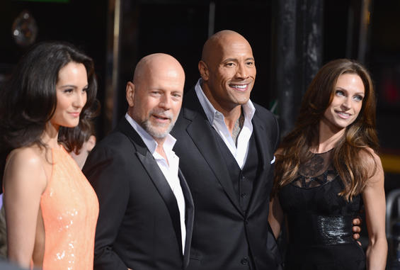  HOLLYWOOD, CA - MARCH 28: (L-R) Emma Heming, actor Bruce Willis, Dwayne "The Rock" Johnson and Lauren Hashian arrive at the Premiere of Paramount Pictures' "G.I. Joe: Retaliation" at TCL Chinese Theatre on March 28, 2013 in Hollywood, California. (Photo by Jason Kempin/Getty Images)