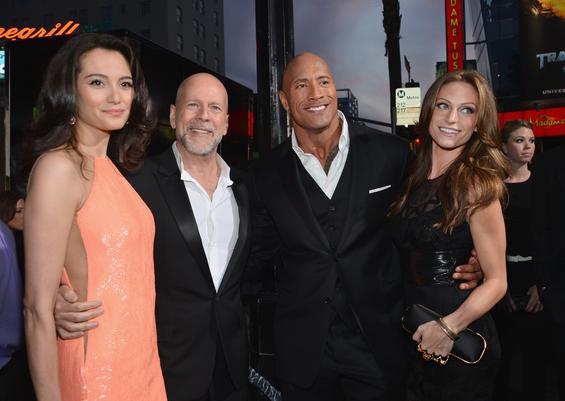  HOLLYWOOD, CA - MARCH 28: (L-R) Emma Heming, actor Bruce Willis, Dwayne "The Rock" Johnson and Lauren Hashian attends the premiere of Paramount Pictures' "G.I. Joe: Retaliation" at TCL Chinese Theatre on March 28, 2013 in Hollywood, California. (Photo by Alberto E. Rodriguez/Getty Images) 