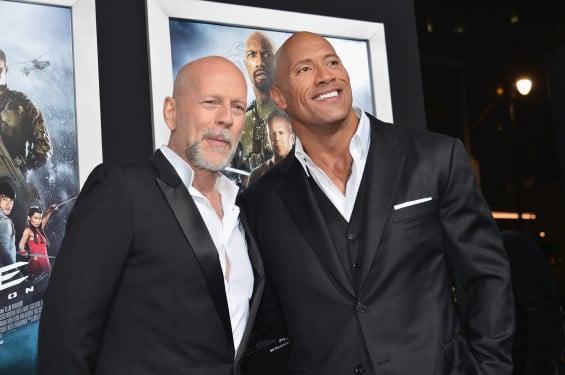  HOLLYWOOD, CA - MARCH 28: Actors Bruce Willis and Dwayne "The Rock" Johnson attend the premiere of Paramount Pictures' "G.I. Joe: Retaliation" at TCL Chinese Theatre on March 28, 2013 in Hollywood, California. (Photo by Alberto E. Rodriguez/Getty Images) 