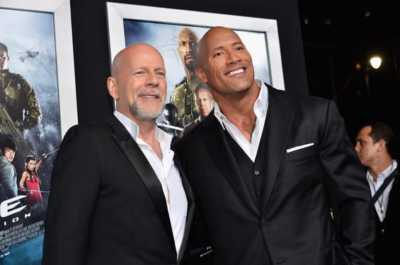 HOLLYWOOD, CA - MARCH 28: Actors Bruce Willis and Dwayne "The Rock" Johnson attend the premiere of Paramount Pictures' "G.I. Joe: Retaliation" at TCL Chinese Theatre on March 28, 2013 in Hollywood, California. (Photo by Alberto E. Rodriguez/Getty Images)