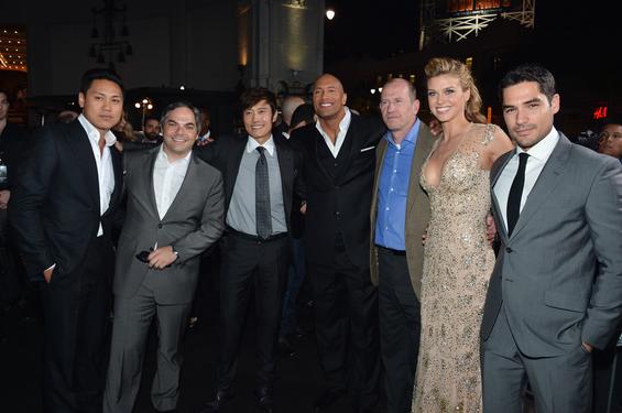  HOLLYWOOD, CA - MARCH 28: (L-R) Director Jon M. Chu, Adam Goodman, President of Paramount Film Group, actor Byung-Hun Lee, Dwayne "The Rock" Johnson, Rob Moore, Vice Chairman of Paramount Pictures, actress Adrianne Palicki and actor D.J. Cotrona attend the premiere of Paramount Pictures' "G.I. Joe: Retaliation" at TCL Chinese Theatre on March 28, 2013 in Hollywood, California. (Photo by Alberto E. Rodriguez/Getty Images) 