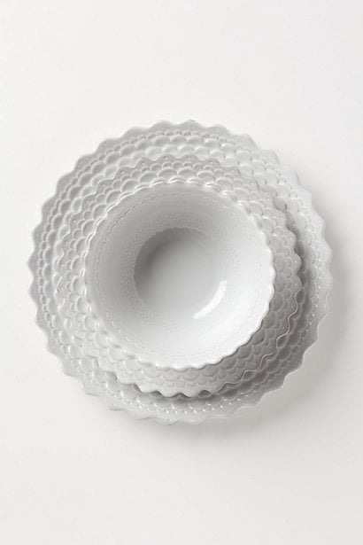 Piecrust Dinnerware: Dinner Plate, Salad Plate in White. Anthropologie