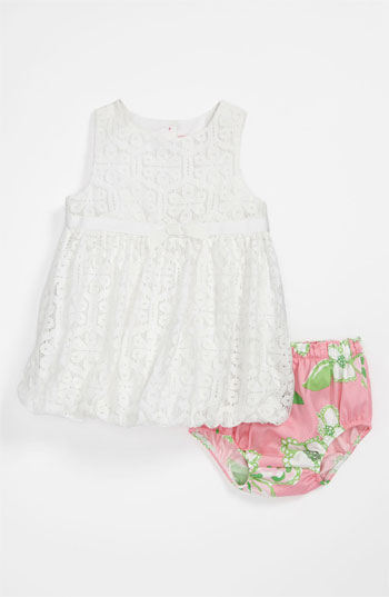  Lilly Pulitzer® 'Britta Baby' Bubble Dress & Bloomers (Infant) in Resort White Daisy Lane Lace. From 3-6 months to 18-24 months. Nordstrom Easter