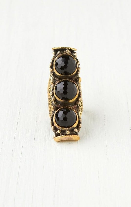 Natalie B Jewelry Three Stone Saddle Ring in Black and Gold. Planet Blue