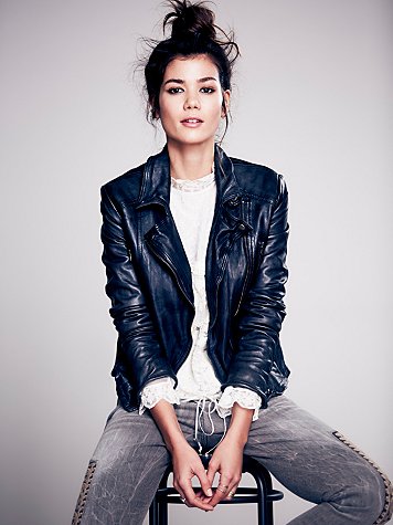 Free People Leather Classic Biker Jacket in Black or Red. 