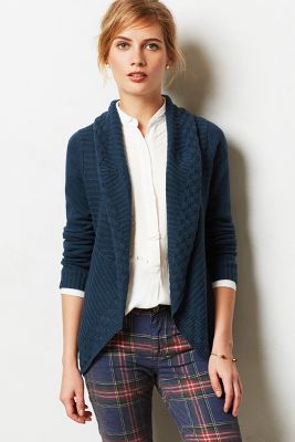 Knitted & Knotted Scalloped Flutter Cardigan in Navy or Red. Anthropologie 