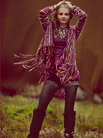 Free People Short Fringe Cardigan in Red Multi, Blue Multi, or Light Neutral. 
