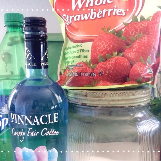 Strawberry Cotton Candy Punch Ingredients: Frozen strawberries Sprite Sugar Cotton Candy Vodka