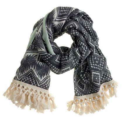 J.Crew PRODUCT DETAILS An ikat print in classic black and white makes this a goes-with-everything answer to spring's unpredictable weather (and air-conditioned offices). 50"L x 45"W. Viscose/wool. Dry clean. Import. DIAMOND IKAT FRINGE SCARF item a4480 Dark Ebony