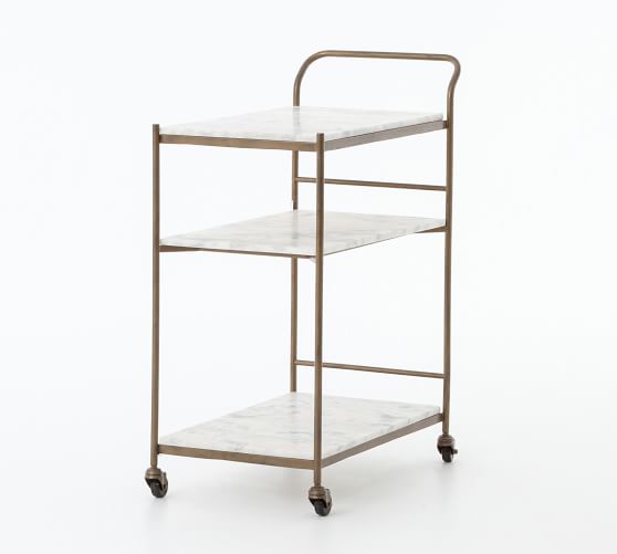 Pottery Barn BURWELL BAR CART Iron Antique Brass White Marble 