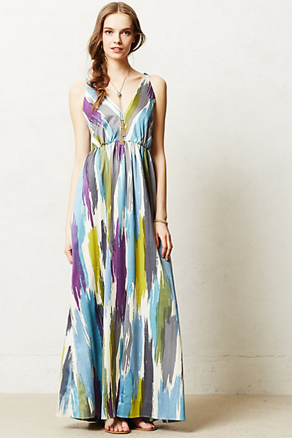 Brushtstrokes maxi dress in purple, green, white and turquoise. Anthropologie