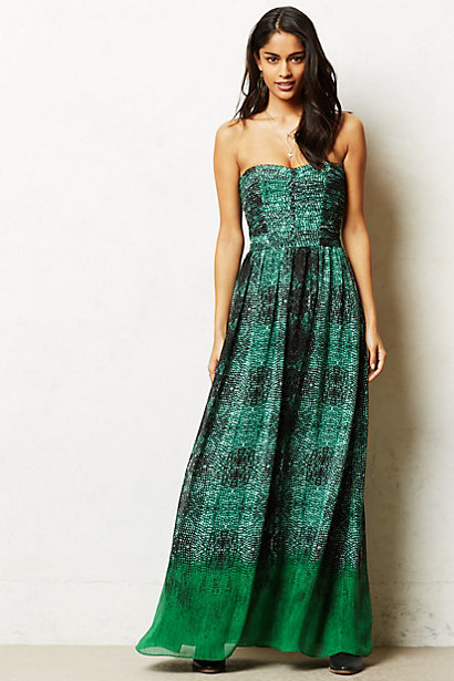 Strapless Print Vernalis Maxi Dress in Green Motif. Anthro