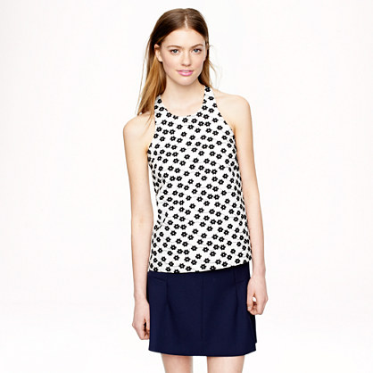 J.Crew Embroidered floral racer top Embroidered floral racer top Embroidered floral racer top Embroidered floral racer top PRODUCT DETAILS Floral embroidery dresses up a lightweight shell. We love any kind of flower that doesn't have us reaching for our allergy meds. Body length: 25 1/2". Cotton. Back keyhole with button closure. Bra keeps. Lined. Machine wash. Import. Our colors really pop, but you can't tell just how vibrant some of them are until you see them in person. EMBROIDERED FLORAL RACER TOP item a4918 in black and white, also available in citrus.
