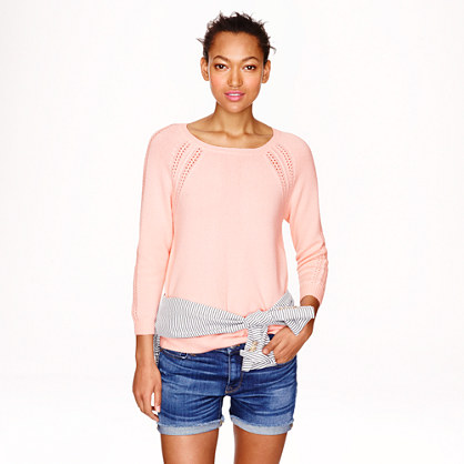  Collection cashmere open-stitch raglan sweater Collection cashmere open-stitch raglan sweater Collection cashmere open-stitch raglan sweater Collection cashmere open-stitch raglan sweater PRODUCT DETAILS The end of winter doesn't mean the end of cashmere. Cozy with an easy fit, this feminine sweater is finished with pretty open-stitch detailing at the sleeves. We work with one of the best Italian mills to create our famously soft cashmere—treat yours with love and it will last forever. Relaxed fit. Hits at hip. Italian cashmere in a 7-gauge knit. Bracelet sleeves. Rib trim at neck, cuffs and hem. Hand wash. Import. COLLECTION CASHMERE OPEN-STITCH RAGLAN SWEATER in Pale Pink
