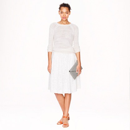 J.Crew Patio skirt in burnout linen Patio skirt in burnout linen Patio skirt in burnout linen Patio skirt in burnout linen PRODUCT DETAILS Calling to mind '50s-style hemlines, this full A-line skirt keeps it modern, thanks to the fabric. Detailed with a floral burnout print, it's a tropical take on classic linen (and the perfect thing to wear when it's 90 degrees out). Sits at waist. 23 1/2" long. Falls to knee. Rayon/poly/linen. Side zip. Machine wash. Import. Online only. PATIO SKIRT IN BURNOUT LINEN item a6299 in White