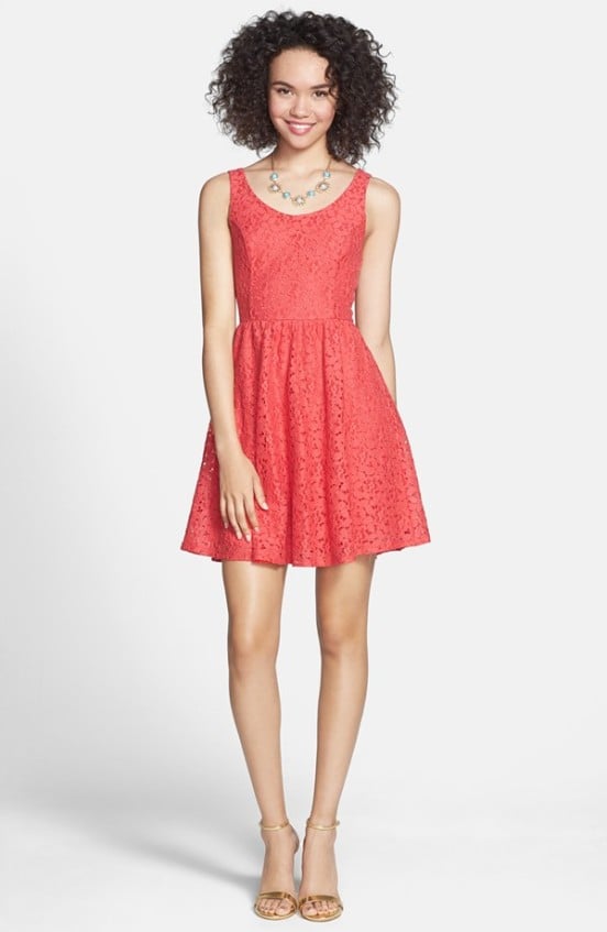 Lush Floral Lace Skater Dress (Juniors) in coral