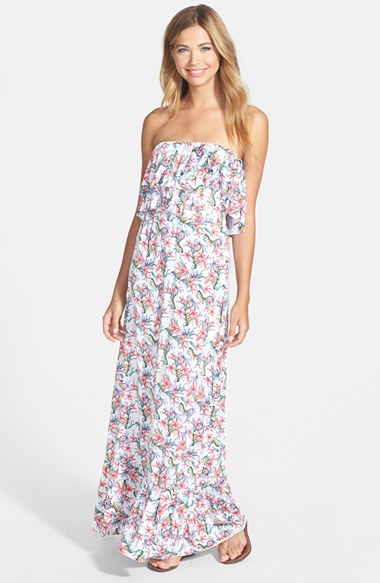Tbags Los Angeles Print Ruffle Strapless Maxi Dress