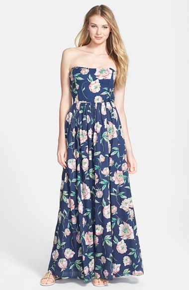French Connection Floral Print Linen & Cotton Strapless Maxi Dress
