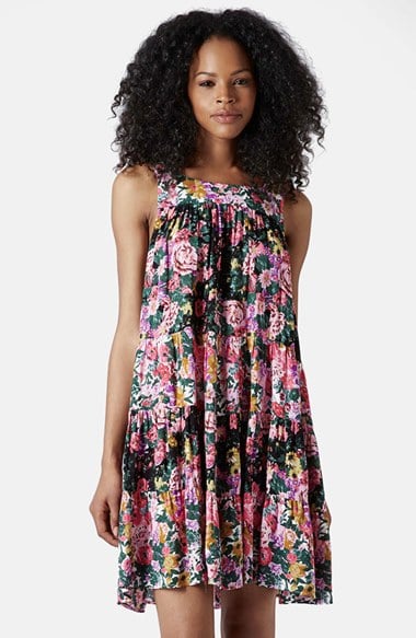 Topshop Floral Print Tiered Smock Dress in Floral Multi
