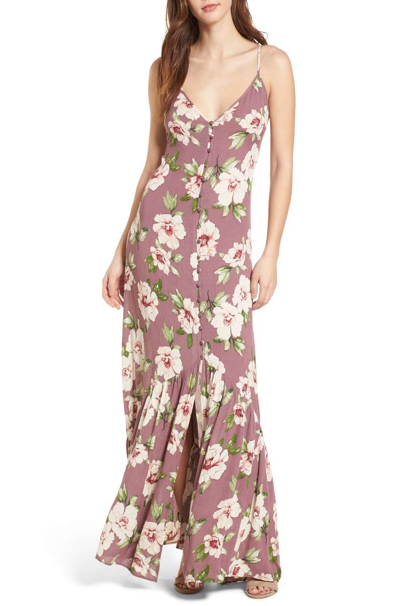 BP. Floral Button Front Maxi Dress Purple Grapeade Vintage Floral country wedding guest dresses