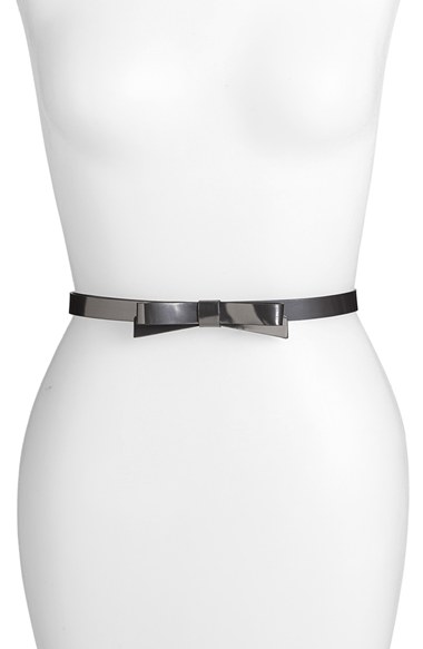 kate spade new york 'skinny bow' metallic calfskin leather belt in anthracite
