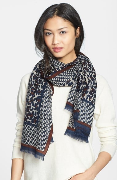 Tory Burch 'Reva - Leopard' Wool Gauze Scarf in Navy Multi. Nordstrom Anniversary Sale