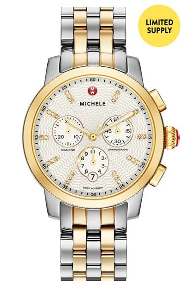 MICHELE 'Uptown' Diamond Dial Chronograph Watch Case & Bracelet, 39mm in Silver/Gold. Nordstrom Anniversary Sale