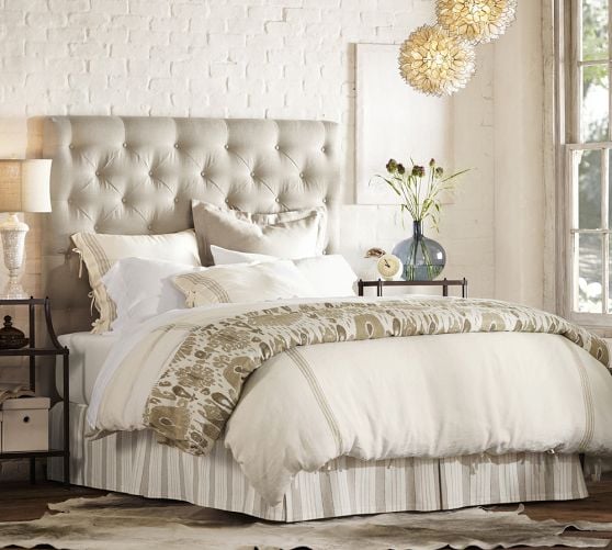Lorraine Tufted Upholstered Tall Bed and Headboard. Pottery Barn