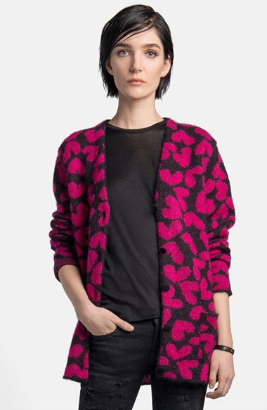 Saint Laurent Heart Pattern Knit Cardigan in Black Fuchsia 