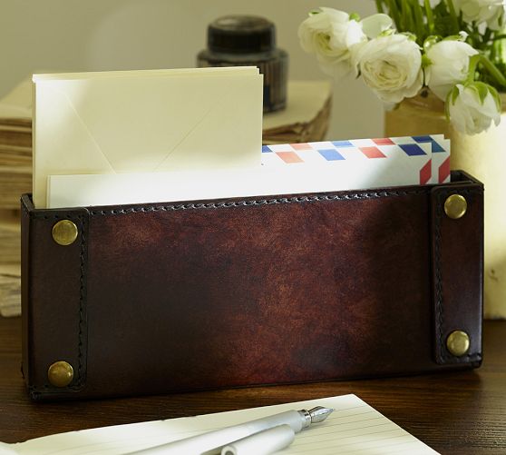 SADDLE LEATHER TALL STATIONARY BOX. Pottery Barn