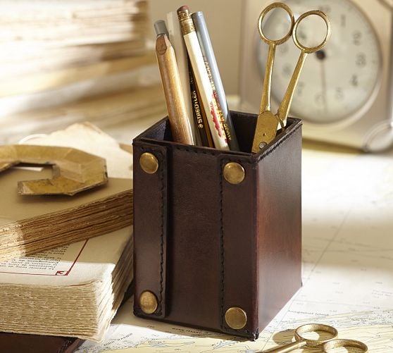 SADDLE LEATHER PENCIL CUP. Pottery Barn
