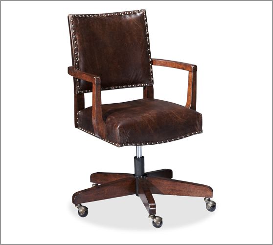 MANCHESTER SWIVEL DESK CHAIR in Antique Dark Brown Leather. Pottery Barn