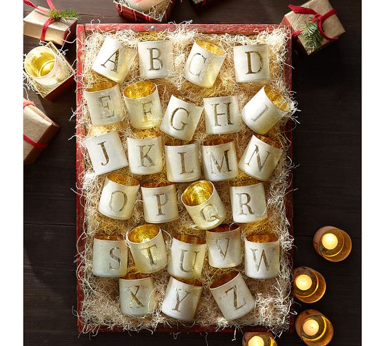 MERCURY GLASS ALPHABET VOTIVE CUPS. Pottery Barn Fall Home Decorating Event