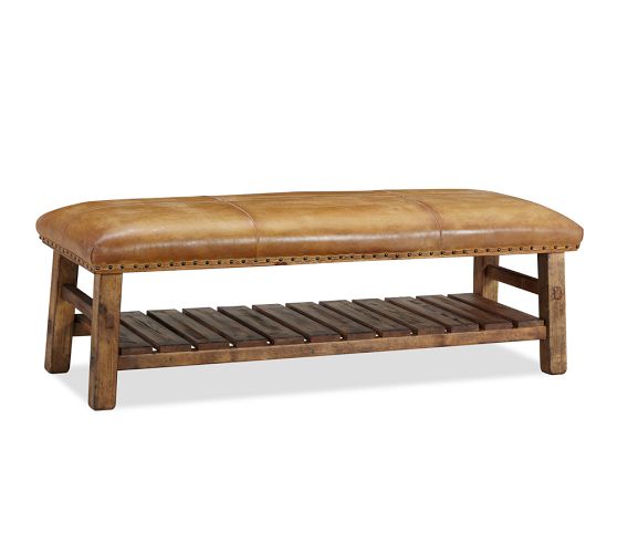 CADEN LEATHER BENCH with antique bronze nailheads! Pottery Barn