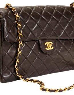 VINTAGE Chanel Black Lambskin Jumbo Classic Vintage Lux Handbag