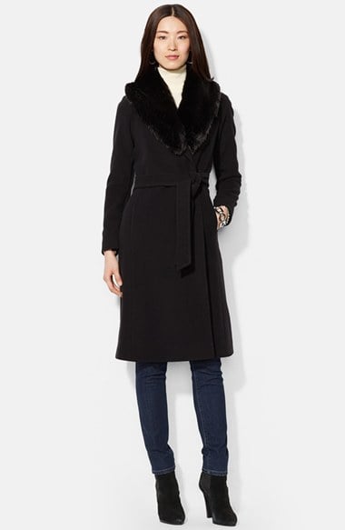 Lauren Ralph Lauren Faux Fur Trim Wool Blend Wrap Coat (Online Only) in Black