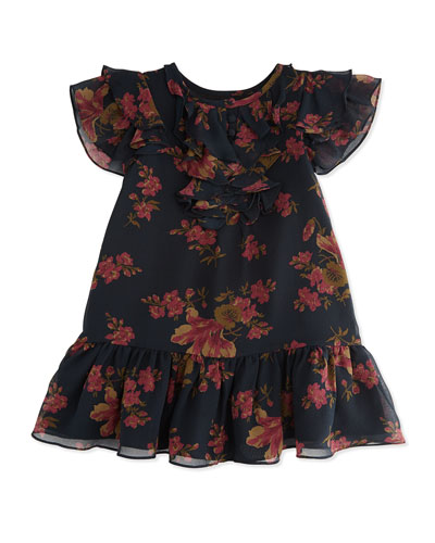 Ralph Lauren Floral-Print Chiffon Drop-Waist Dress in Black Multi