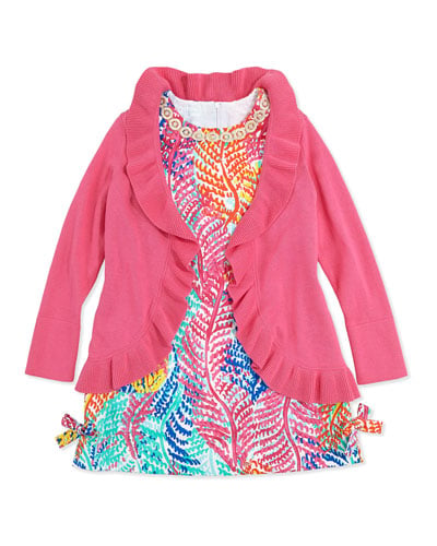Lilly Pulitzer Little Lilly Fern-Print Classic Shift Dress & Keirnan Long-Sleeve Ruffle Cardigan